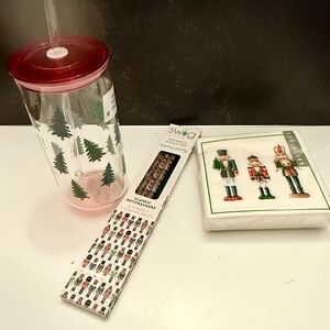 Holiday Red and Green Tumbler with Tree Design, straws and napkins.